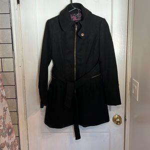 Juniors M Black Peacoat Cinched Tied Waist